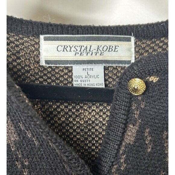 Crystal-Kobe Petites Brown Black Knit Button Up Sweater 90s Size Petite Large - Picture 4 of 9